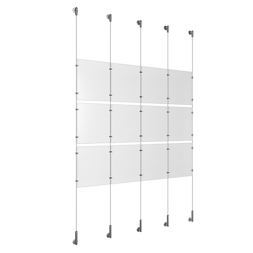 (12) 8-1/2'' Width x 11'' Height Clear Acrylic Frame & (5) Wall-to-Wall Stainless Steel Satin Brushed Cable Systems with (12) Single-Sided Panel Grippers (18) Double-Sided Panel Grippers