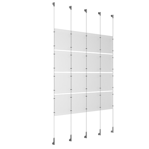 (16) 8-1/2'' Width x 11'' Height Clear Acrylic Frame & (5) Wall-to-Wall Stainless Steel Satin Brushed Cable Systems with (16) Single-Sided Panel Grippers (24) Double-Sided Panel Grippers