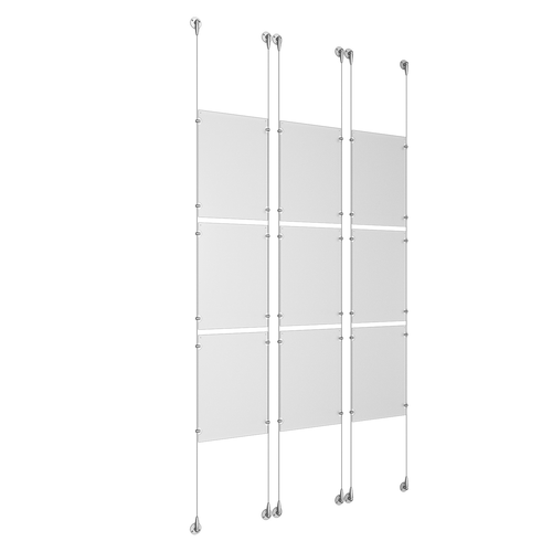 (9) 11'' Width x 17'' Height Clear Acrylic Frame & (6) Aluminum Clear Anodized Adjustable Angle Signature Cable Systems with (36) Single-Sided Panel Grippers