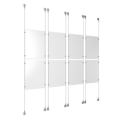 (8) 11'' Width x 17'' Height Clear Acrylic Frame & (8) Aluminum Clear Anodized Adjustable Angle Signature Cable Systems with (32) Single-Sided Panel Grippers