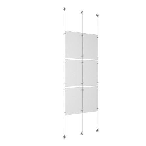 (6) 11'' Width x 17'' Height Clear Acrylic Frame & (3) Aluminum Clear Anodized Adjustable Angle Signature Cable Systems with (12) Single-Sided Panel Grippers (6) Double-Sided Panel Grippers