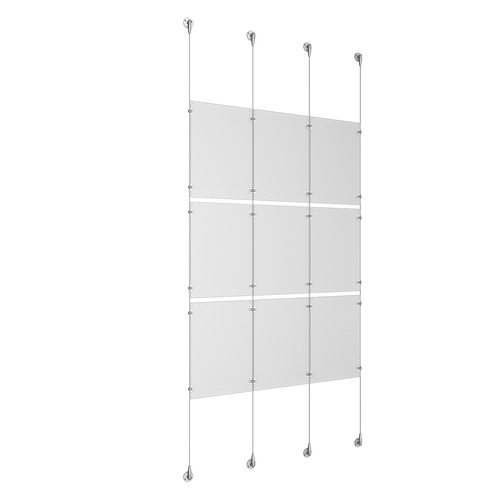 (9) 11'' Width x 17'' Height Clear Acrylic Frame & (4) Aluminum Clear Anodized Adjustable Angle Signature Cable Systems with (12) Single-Sided Panel Grippers (12) Double-Sided Panel Grippers