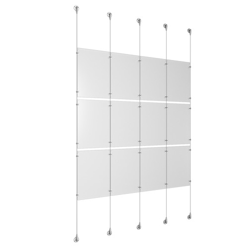 (12) 11'' Width x 17'' Height Clear Acrylic Frame & (5) Aluminum Clear Anodized Adjustable Angle Signature Cable Systems with (12) Single-Sided Panel Grippers (18) Double-Sided Panel Grippers