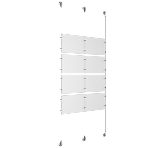(8) 11'' Width x 8-1/2'' Height Clear Acrylic Frame & (3) Aluminum Clear Anodized Adjustable Angle Signature Cable Systems with (16) Single-Sided Panel Grippers (8) Double-Sided Panel Grippers