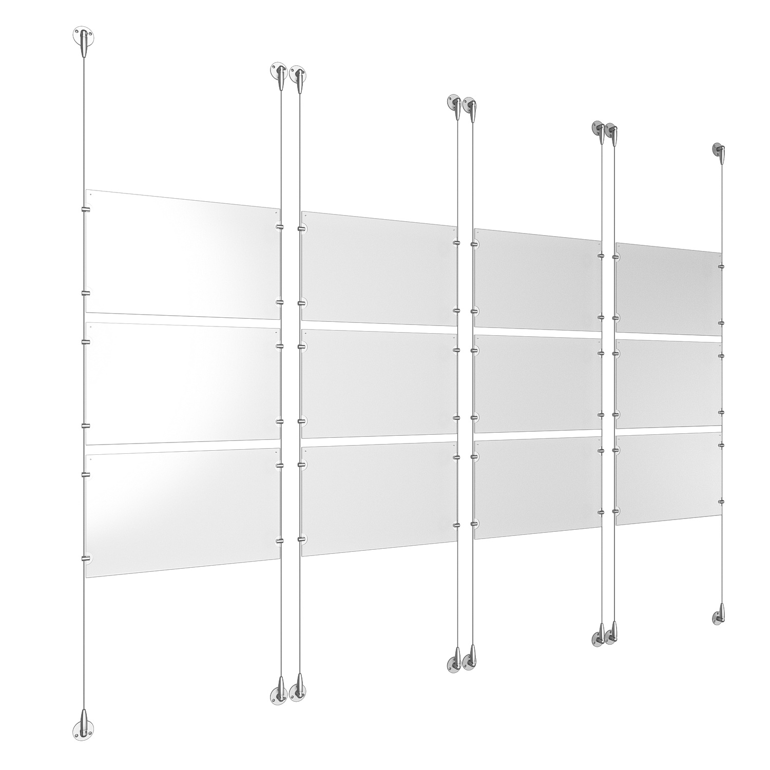 (12) 17'' Width x 11'' Height Clear Acrylic Frame & (8) Aluminum Clear Anodized Adjustable Angle Signature Cable Systems with (48) Single-Sided Panel Grippers