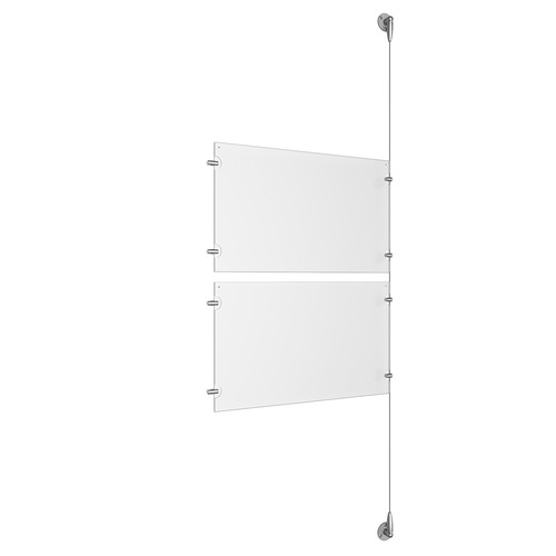 (2) 17'' Width x 11'' Height Clear Acrylic Frame & (1) Aluminum Clear Anodized Adjustable Angle Signature Cable Systems with (4) Single-Sided Panel Grippers (4) Double-Sided Panel Grippers