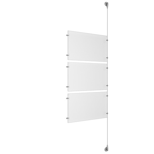 (3) 17'' Width x 11'' Height Clear Acrylic Frame & (1) Aluminum Clear Anodized Adjustable Angle Signature Cable Systems with (6) Single-Sided Panel Grippers (6) Double-Sided Panel Grippers