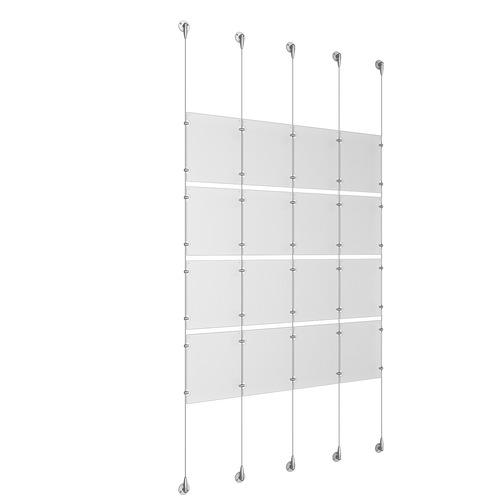 (16) 8-1/2'' Width x 11'' Height Clear Acrylic Frame & (5) Aluminum Clear Anodized Adjustable Angle Signature Cable Systems with (16) Single-Sided Panel Grippers (24) Double-Sided Panel Grippers