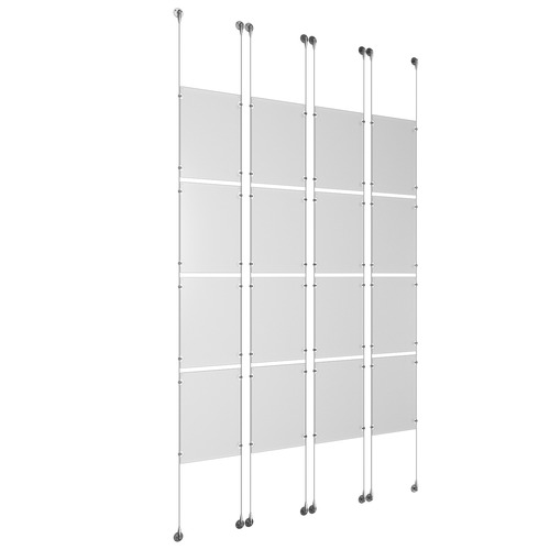 (16) 11'' Width x 17'' Height Clear Acrylic Frame & (8) Aluminum Chrome Polished Adjustable Angle Signature Cable Systems with (64) Single-Sided Panel Grippers