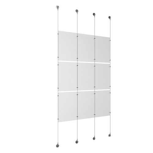 (9) 11'' Width x 17'' Height Clear Acrylic Frame & (4) Aluminum Chrome Polished Adjustable Angle Signature Cable Systems with (12) Single-Sided Panel Grippers (12) Double-Sided Panel Grippers