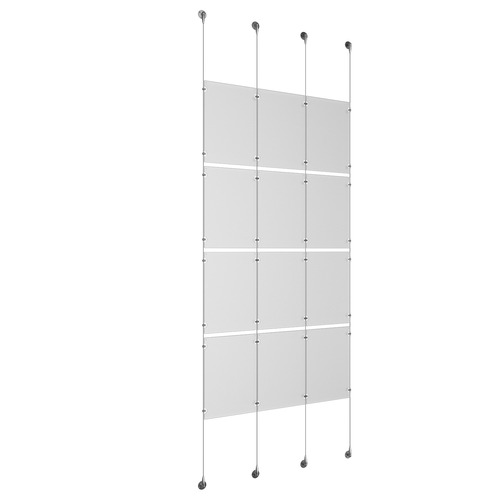 (12) 11'' Width x 17'' Height Clear Acrylic Frame & (4) Aluminum Chrome Polished Adjustable Angle Signature Cable Systems with (16) Single-Sided Panel Grippers (16) Double-Sided Panel Grippers