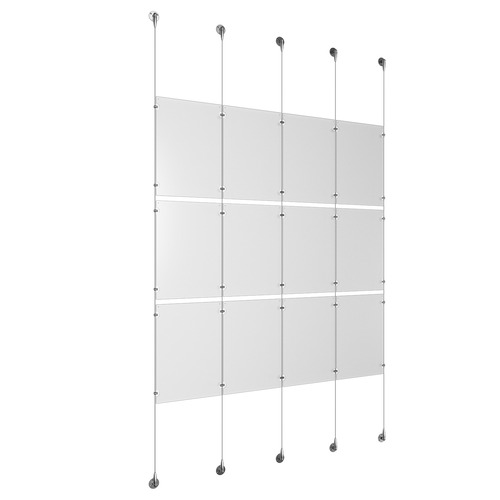 (12) 11'' Width x 17'' Height Clear Acrylic Frame & (5) Aluminum Chrome Polished Adjustable Angle Signature Cable Systems with (12) Single-Sided Panel Grippers (18) Double-Sided Panel Grippers