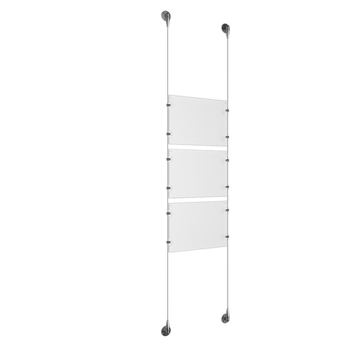 (3) 11'' Width x 8-1/2'' Height Clear Acrylic Frame & (2) Aluminum Chrome Polished Adjustable Angle Signature Cable Systems with (12) Single-Sided Panel Grippers