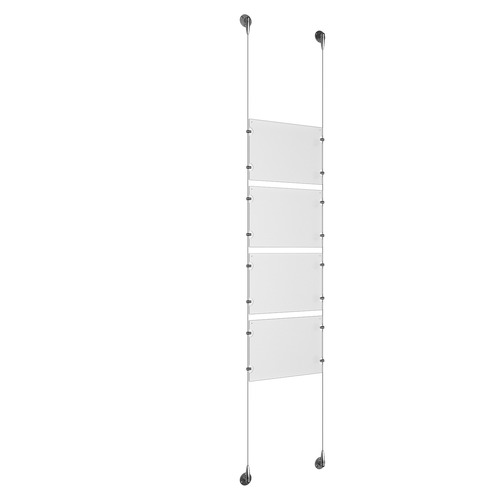 (4) 11'' Width x 8-1/2'' Height Clear Acrylic Frame & (2) Aluminum Chrome Polished Adjustable Angle Signature Cable Systems with (16) Single-Sided Panel Grippers