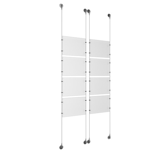 (8) 11'' Width x 8-1/2'' Height Clear Acrylic Frame & (4) Aluminum Chrome Polished Adjustable Angle Signature Cable Systems with (32) Single-Sided Panel Grippers
