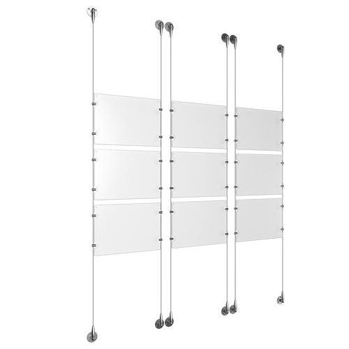 (9) 11'' Width x 8-1/2'' Height Clear Acrylic Frame & (6) Aluminum Chrome Polished Adjustable Angle Signature Cable Systems with (36) Single-Sided Panel Grippers
