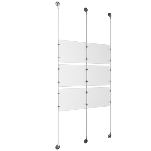 (6) 11'' Width x 8-1/2'' Height Clear Acrylic Frame & (3) Aluminum Chrome Polished Adjustable Angle Signature Cable Systems with (12) Single-Sided Panel Grippers (6) Double-Sided Panel Grippers