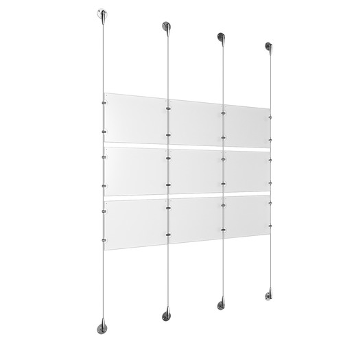 (9) 11'' Width x 8-1/2'' Height Clear Acrylic Frame & (4) Aluminum Chrome Polished Adjustable Angle Signature Cable Systems with (12) Single-Sided Panel Grippers (12) Double-Sided Panel Grippers