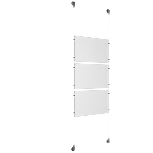 (3) 17'' Width x 11'' Height Clear Acrylic Frame & (2) Aluminum Chrome Polished Adjustable Angle Signature Cable Systems with (12) Single-Sided Panel Grippers