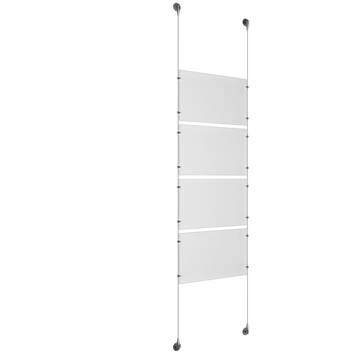 (4) 17'' Width x 11'' Height Clear Acrylic Frame & (2) Aluminum Chrome Polished Adjustable Angle Signature Cable Systems with (16) Single-Sided Panel Grippers