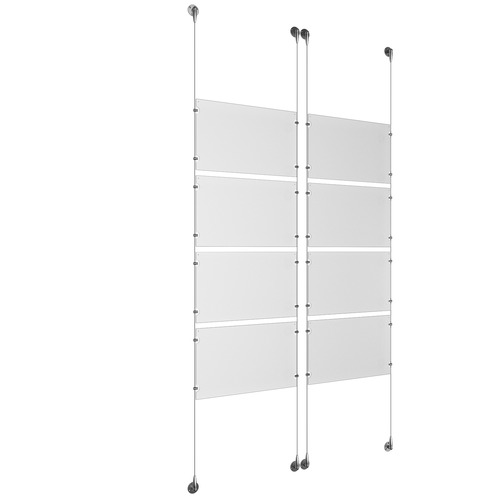 (8) 17'' Width x 11'' Height Clear Acrylic Frame & (4) Aluminum Chrome Polished Adjustable Angle Signature Cable Systems with (32) Single-Sided Panel Grippers