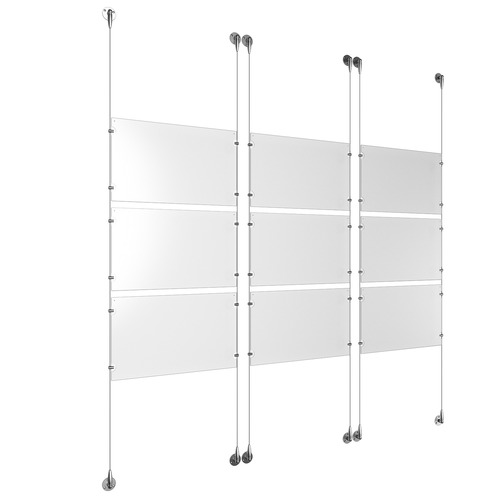 (9) 17'' Width x 11'' Height Clear Acrylic Frame & (6) Aluminum Chrome Polished Adjustable Angle Signature Cable Systems with (36) Single-Sided Panel Grippers