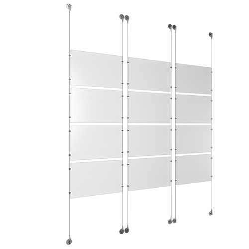 (12) 17'' Width x 11'' Height Clear Acrylic Frame & (6) Aluminum Chrome Polished Adjustable Angle Signature Cable Systems with (48) Single-Sided Panel Grippers
