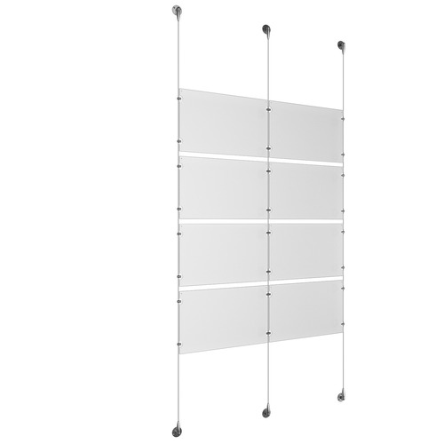(8) 17'' Width x 11'' Height Clear Acrylic Frame & (3) Aluminum Chrome Polished Adjustable Angle Signature Cable Systems with (16) Single-Sided Panel Grippers (8) Double-Sided Panel Grippers