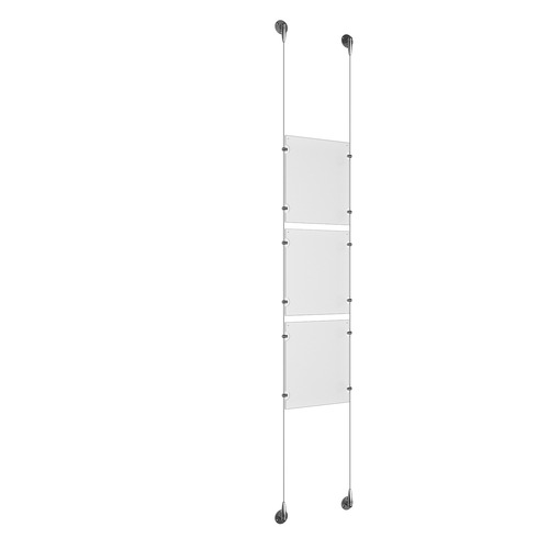 (3) 8-1/2'' Width x 11'' Height Clear Acrylic Frame & (2) Aluminum Chrome Polished Adjustable Angle Signature Cable Systems with (12) Single-Sided Panel Grippers