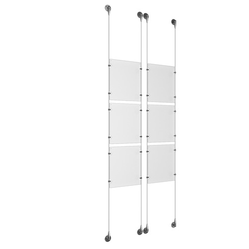 (6) 8-1/2'' Width x 11'' Height Clear Acrylic Frame & (4) Aluminum Chrome Polished Adjustable Angle Signature Cable Systems with (24) Single-Sided Panel Grippers