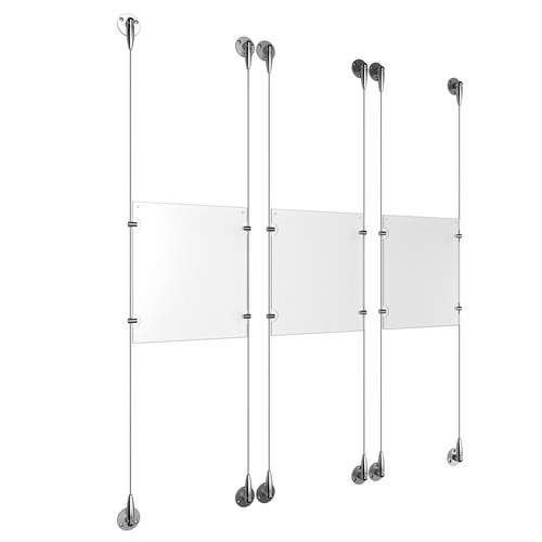 (3) 8-1/2'' Width x 11'' Height Clear Acrylic Frame & (6) Aluminum Chrome Polished Adjustable Angle Signature Cable Systems with (12) Single-Sided Panel Grippers