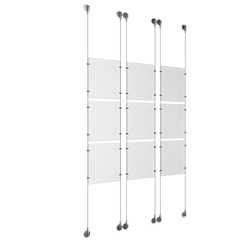 (9) 8-1/2'' Width x 11'' Height Clear Acrylic Frame & (6) Aluminum Chrome Polished Adjustable Angle Signature Cable Systems with (36) Single-Sided Panel Grippers