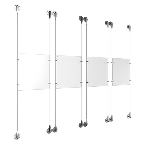 (4) 8-1/2'' Width x 11'' Height Clear Acrylic Frame & (8) Aluminum Chrome Polished Adjustable Angle Signature Cable Systems with (16) Single-Sided Panel Grippers