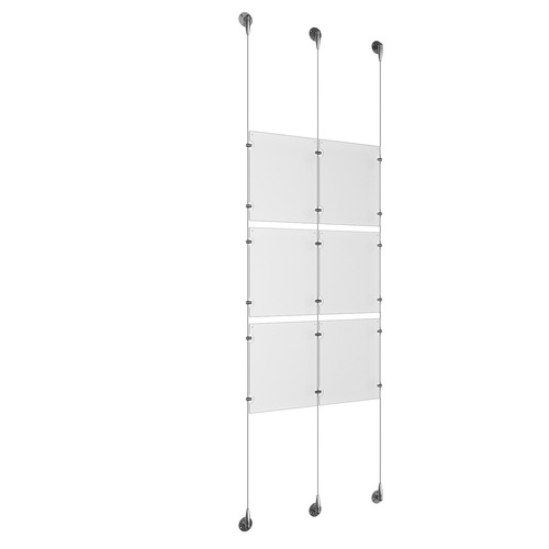 (6) 8-1/2'' Width x 11'' Height Clear Acrylic Frame & (3) Aluminum Chrome Polished Adjustable Angle Signature Cable Systems with (12) Single-Sided Panel Grippers (6) Double-Sided Panel Grippers