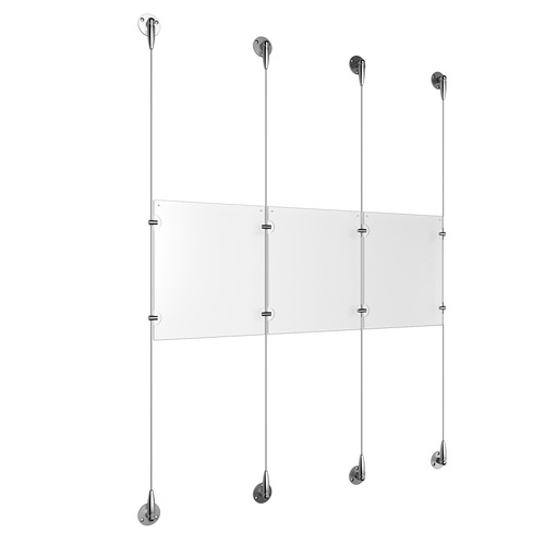 (3) 8-1/2'' Width x 11'' Height Clear Acrylic Frame & (4) Aluminum Chrome Polished Adjustable Angle Signature Cable Systems with (4) Single-Sided Panel Grippers (4) Double-Sided Panel Grippers