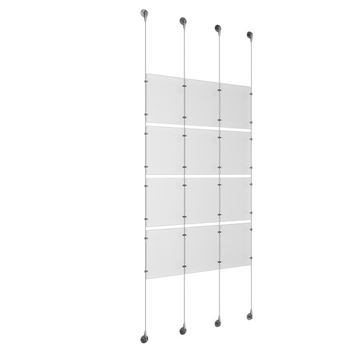 (12) 8-1/2'' Width x 11'' Height Clear Acrylic Frame & (4) Aluminum Chrome Polished Adjustable Angle Signature Cable Systems with (16) Single-Sided Panel Grippers (16) Double-Sided Panel Grippers