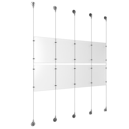 (8) 8-1/2'' Width x 11'' Height Clear Acrylic Frame & (5) Aluminum Chrome Polished Adjustable Angle Signature Cable Systems with (8) Single-Sided Panel Grippers (12) Double-Sided Panel Grippers