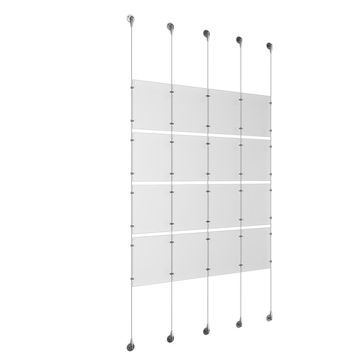 (16) 8-1/2'' Width x 11'' Height Clear Acrylic Frame & (5) Aluminum Chrome Polished Adjustable Angle Signature Cable Systems with (16) Single-Sided Panel Grippers (24) Double-Sided Panel Grippers
