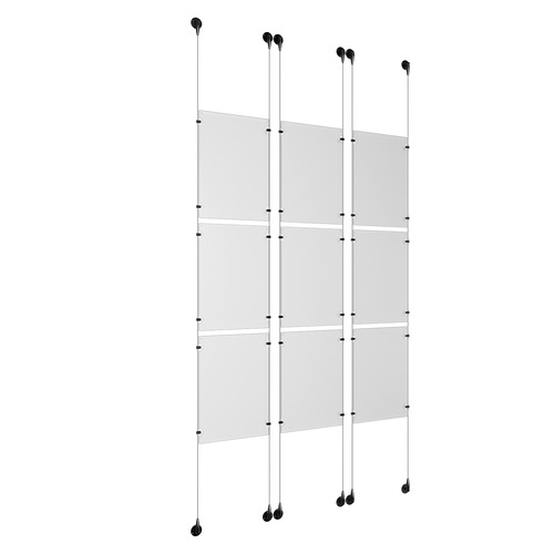 (9) 11'' Width x 17'' Height Clear Acrylic Frame & (6) Aluminum Matte Black Adjustable Angle Signature Cable Systems with (36) Single-Sided Panel Grippers