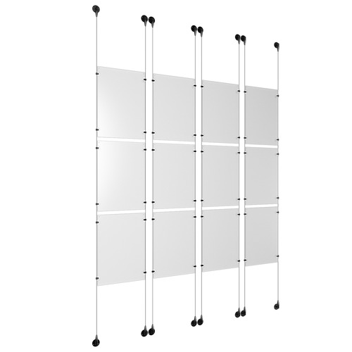 (12) 11'' Width x 17'' Height Clear Acrylic Frame & (8) Aluminum Matte Black Adjustable Angle Signature Cable Systems with (48) Single-Sided Panel Grippers