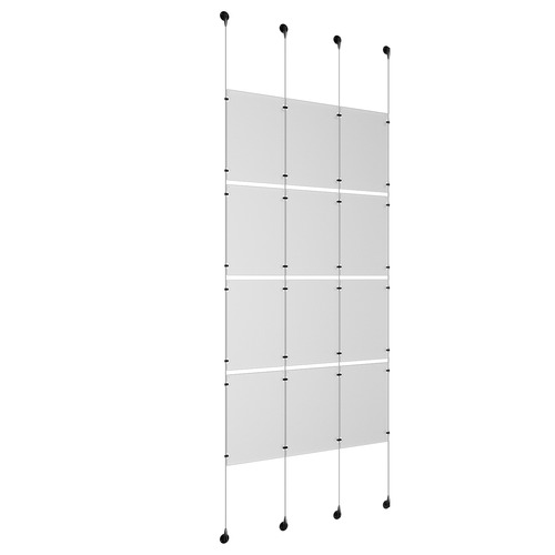 (12) 11'' Width x 17'' Height Clear Acrylic Frame & (4) Aluminum Matte Black Adjustable Angle Signature Cable Systems with (16) Single-Sided Panel Grippers (16) Double-Sided Panel Grippers