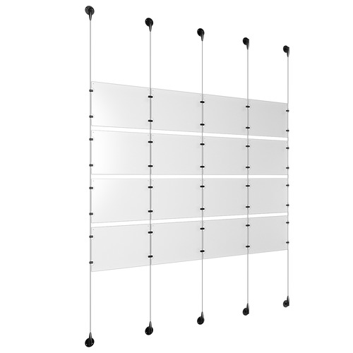 (16) 11'' Width x 8-1/2'' Height Clear Acrylic Frame & (5) Aluminum Matte Black Adjustable Angle Signature Cable Systems with (16) Single-Sided Panel Grippers (24) Double-Sided Panel Grippers