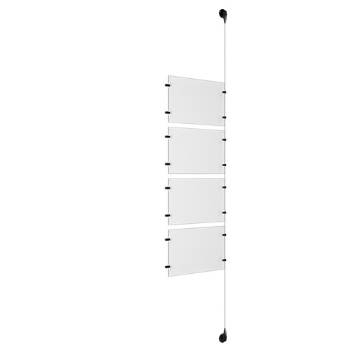 (4) 11'' Width x 8-1/2'' Height Clear Acrylic Frame & (1) Aluminum Matte Black Adjustable Angle Signature Cable Systems with (8) Single-Sided Panel Grippers (8) Double-Sided Panel Grippers