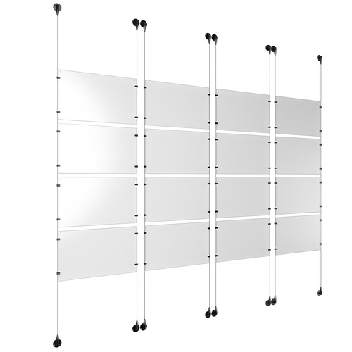 (16) 17'' Width x 11'' Height Clear Acrylic Frame & (8) Aluminum Matte Black Adjustable Angle Signature Cable Systems with (64) Single-Sided Panel Grippers