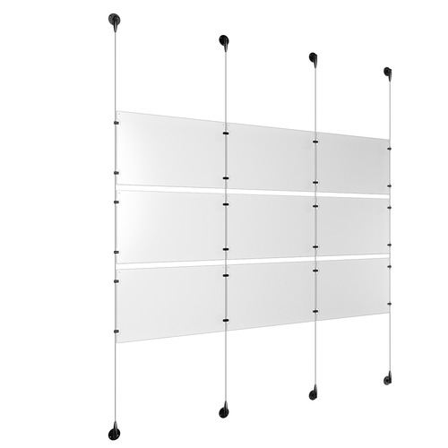 (9) 17'' Width x 11'' Height Clear Acrylic Frame & (4) Aluminum Matte Black Adjustable Angle Signature Cable Systems with (12) Single-Sided Panel Grippers (12) Double-Sided Panel Grippers
