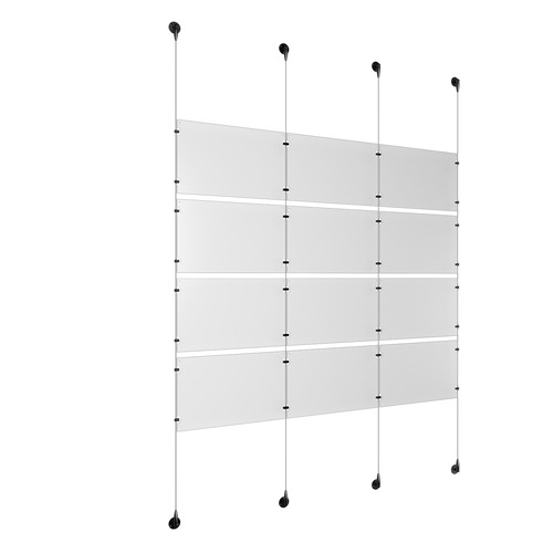 (12) 17'' Width x 11'' Height Clear Acrylic Frame & (4) Aluminum Matte Black Adjustable Angle Signature Cable Systems with (16) Single-Sided Panel Grippers (16) Double-Sided Panel Grippers