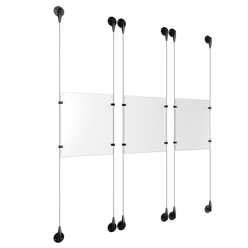 (3) 8-1/2'' Width x 11'' Height Clear Acrylic Frame & (6) Aluminum Matte Black Adjustable Angle Signature Cable Systems with (12) Single-Sided Panel Grippers