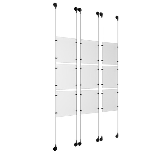 (9) 8-1/2'' Width x 11'' Height Clear Acrylic Frame & (6) Aluminum Matte Black Adjustable Angle Signature Cable Systems with (36) Single-Sided Panel Grippers