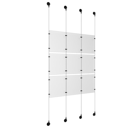 (9) 8-1/2'' Width x 11'' Height Clear Acrylic Frame & (4) Aluminum Matte Black Adjustable Angle Signature Cable Systems with (12) Single-Sided Panel Grippers (12) Double-Sided Panel Grippers