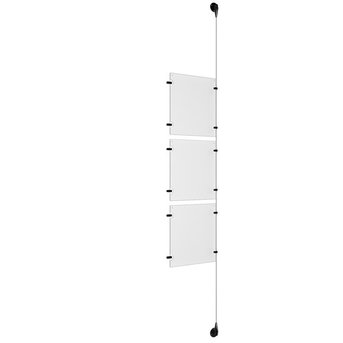 (3) 8-1/2'' Width x 11'' Height Clear Acrylic Frame & (1) Aluminum Matte Black Adjustable Angle Signature Cable Systems with (6) Single-Sided Panel Grippers (6) Double-Sided Panel Grippers
